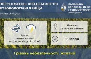 На Львівщині 16 червня очікують грози та сильний вітер