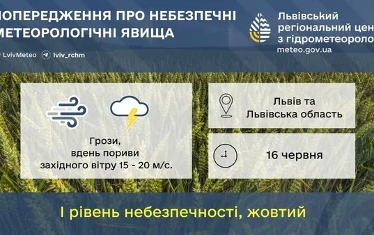 На Львівщині 16 червня очікують грози та сильний вітер