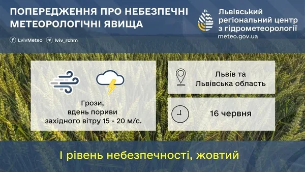 image На Львівщині 16 червня очікують грози та сильний вітер