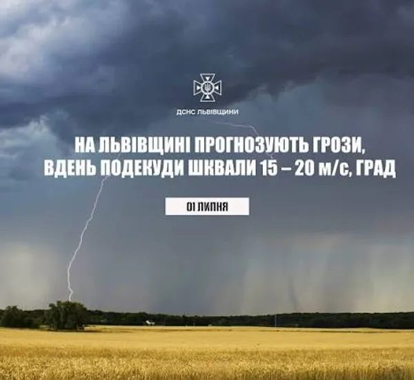 На 1 липня на Львівщині прогнозують грози, шквали та град
