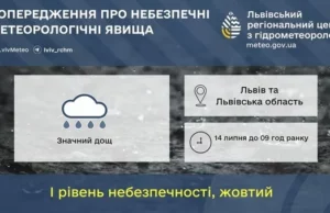 На Львівщині до 09:00 14 липня очікують значний дощ
