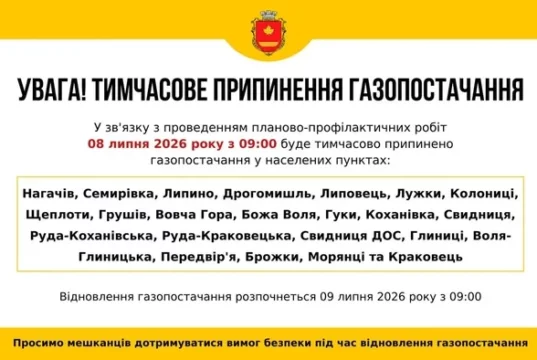 08–09 липня 2026 року призупинять газопостачання у Краківці та навколишніх селах