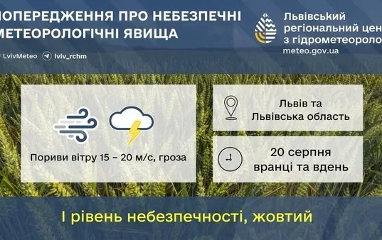 20 серпня на Львівщині очікують сильний вітер і грози