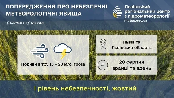 image 20 серпня на Львівщині очікують сильний вітер і грози